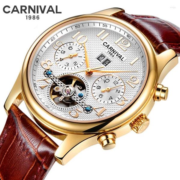 Relógios de pulso Carnaval Tourbillon Watch for Men Aço inoxidável Os relógios mecânicos da moda à prova d'água Montre Homme