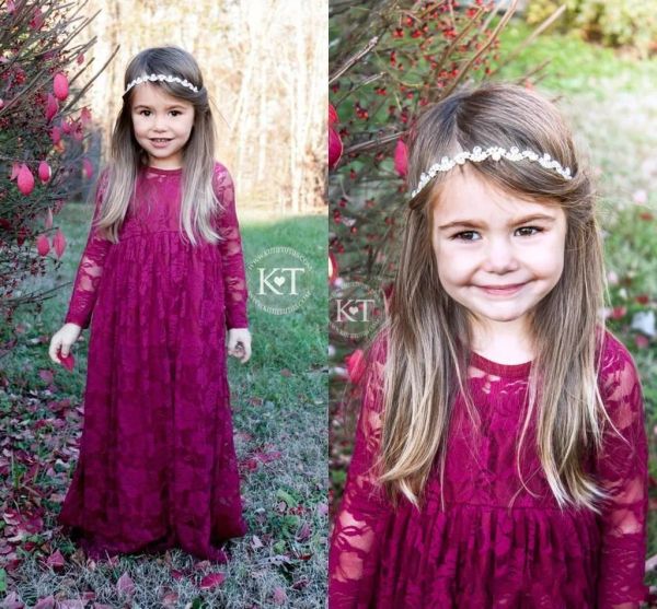 Vestidos 2017 Lovley Vintage Wine Red Long Flower Girls 'vestidos de menina vestidos de concurso de renda de mangas compridas boho vestidos formais para Little GI