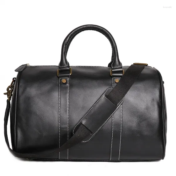 Duffel Bags Moda Bag de couro genuíno Men masculina Viagem de negócios Viagem preta Bagagem de fim de semana de ombro grande preto