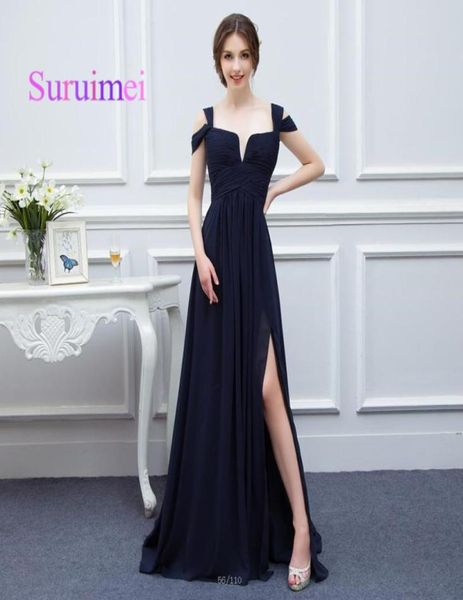 Kleid Vintage Schwarz Farbe Lange Abschlussballkleider Doppelgurte Chiffon Side Split Kleider Abend Reißverschluss Design Rücken schnell 3367164