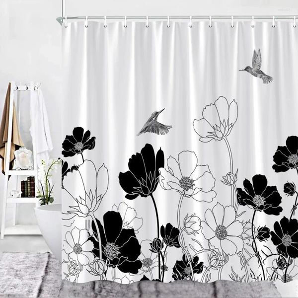 Duschvorhänge schwarz weiße Blumenkunst Aquarellblume Vogel Toilette Dekore Polyester Stoff Badezimmer Vorhang Badezüge Set Set Set Set Set