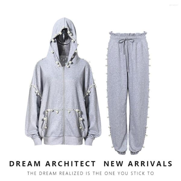 Zweiteilige Hosen für Frauen Superaen Grey Hoody Hoody Spring/Herbst 2024 Design Lose Long Sleeve Top Pearl Pant Stücke Set Set