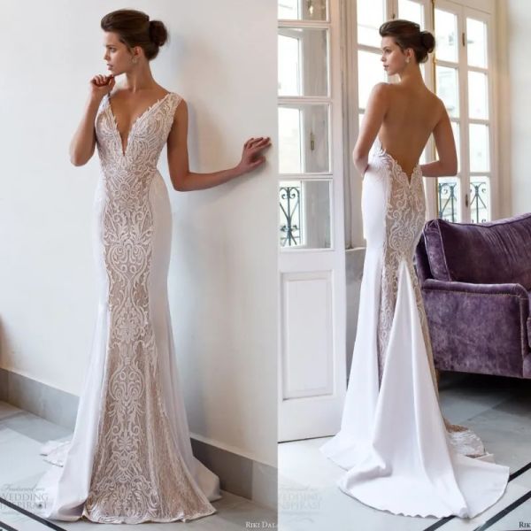 Abiti riki dalal 2018 sirened abiti da sposa vintage a V profonde a v maniche con manico da sposa abiti da sposa alettini.