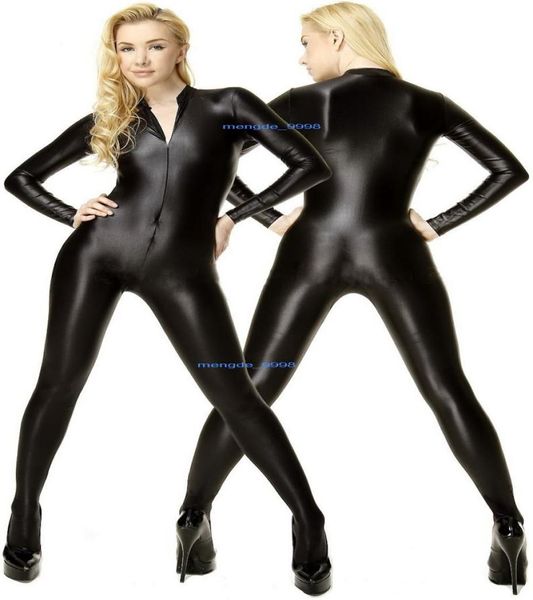 Traje de gato metálico de lycra brilhante preto com zíper frontal unissex sexy trajes de trajes