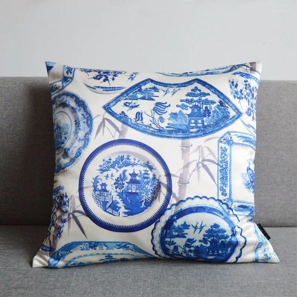 Подушка китайские подушки белый синий фарфоровый корпус бархатный декоративный чехол для дивана 48x48 Современные домашние украшения