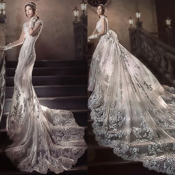 Kleider 2,5 Meter langes Schwanz Hochzeitskleid Wunderschöne Mode abnehmbarer Zug Strand Hochzeitskleid Luxuskristall Perlen Applique Mermaid WE