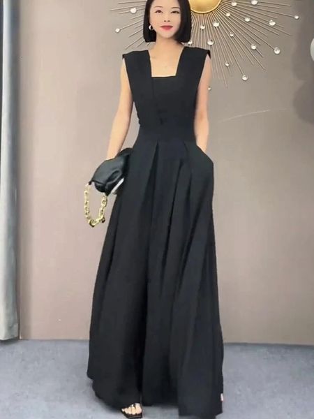 2024 Uzun Tulum Siyah Modeli Gevşek Retro Yaz Kadınsı Ofis Kolsuz Basit Zarif Katı Akşam Elbisesi Lady 240401