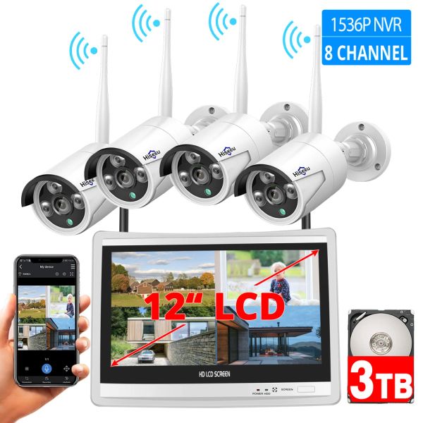 Sistema 1536p 8CH Sistema de câmera de segurança sem fio CCTV H.265 Tela LCD de 12 polegadas NVR Wi -Fi Câmera IP IP Outdoor 3MP Monitor