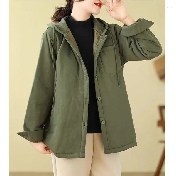 Frauenjacken dünne Stil mit Kapuzenpapier Baumwolle Herumn Winter 2024 Mode Großgröße Casual Jacket Artistic Quilted Shirt Mantel Z303
