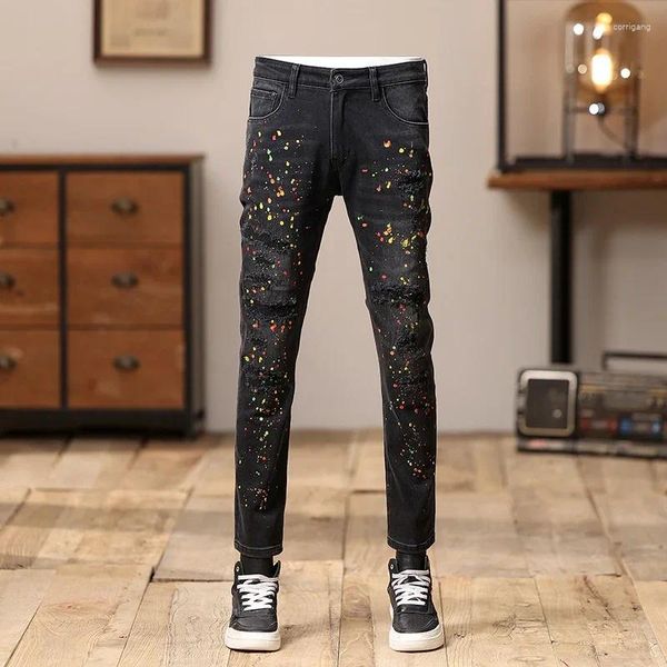 Мужские джинсы уличная мода мужская ретро черновое серое растяжение той, посадочная нарисованная раскрашенная дизайнер