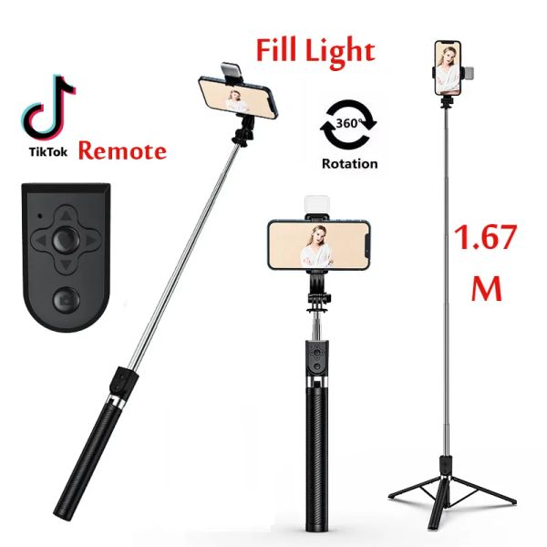 Monopods 1,67m de comprimento Bluetooth Wireless Selfie Stick Stand Live Brilhão Stand Tripé dobrável com luz de enchimento para smartphones
