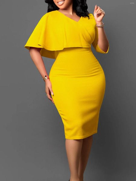 Plus-Size-Kleider Sommer Fashion V-Ausschnitt 5/4 Ärmeln Elegante Pendlerbeutel Hüfte Slim Fit High Taille Bleistift Kleid mittenlänge