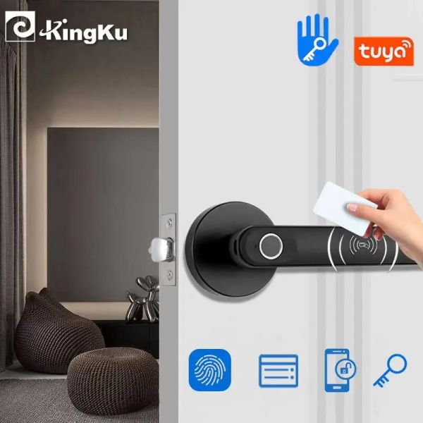 Lock Kingku Fitled Imprint Frek Lock Cartão Tuya Senha automática Interior Smart Interior Porta Handle Biométrica Bloqueio elétrico para hotel Bedroom