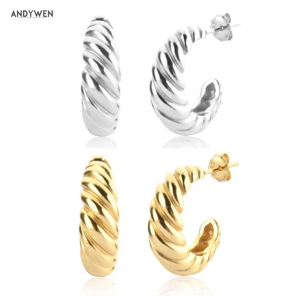 Anéis Andywen 925 Sterling Silver Gold Antique Hoops Twist Hoops Mulheres grandes aros perfurantes Brincho Piercing Jóias de luxo clipes de jóias