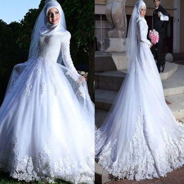 Kleider Langarm muslimisch Hijab Hochzeitskleid Schnürung Rücken handgefertigtes Applique Islamic Dubai Vestidos de Novia 2023