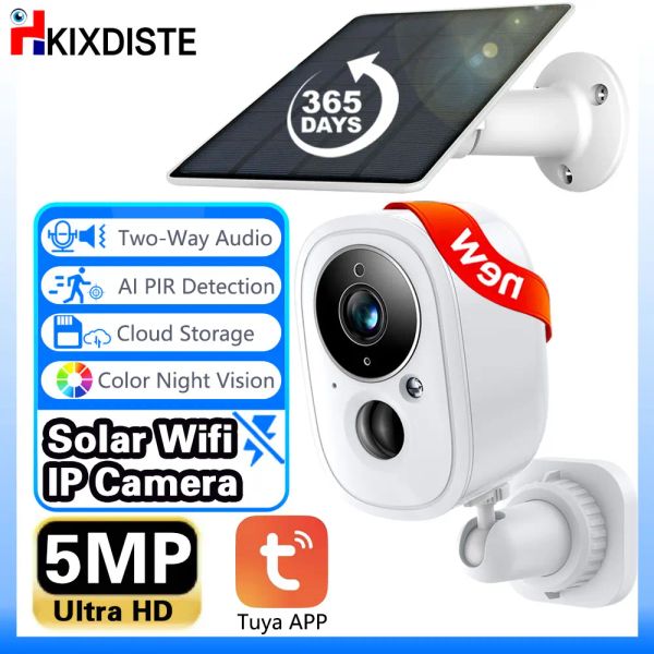 Telecamere Tuya 5MP Wifi Rechargea Batteria solare Solar Security Outdoor PIR Spotlight Smart Life 135 Angolo Sorveglianza Sirena HD Camera IP HD