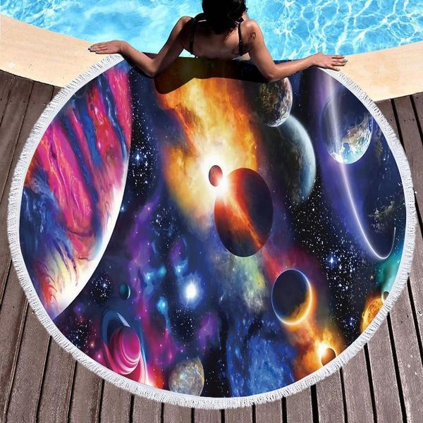 Toalha Round Beach Spaceship Planet Planet Banho de Microfibra Carpete de ioga para Kids absorvente MAT 150cm com borlas