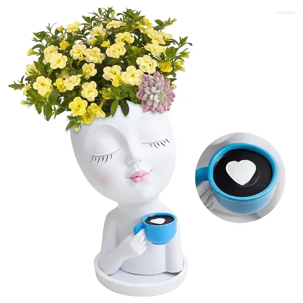 Vasen Gesicht Blumenköpfe Kopf Pflanzer einzigartiges Harz für Indooroutdoor -Pflanzen süße geschlossene Augen Kaffeemädchen Vase