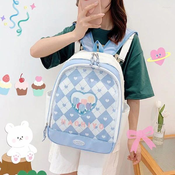 Schultaschen Kawaii Ita Rucksack für Pin Display Frauen süße transparent 15,6 Zoll mit klarem Fensterbeutel Einsatzplatte