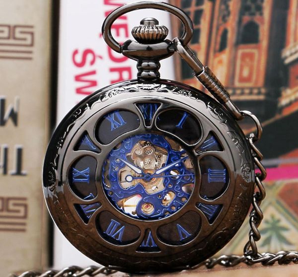 Wholeblack Flower Hollow Case Blue Roman Numero Romance Scheletro Orologio tascabile a tasca meccanica con regalo a catena per uomini Donne7375793