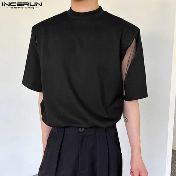 Incerun Men T Shirt Mesh Patchwork O-Neck Kurzarm Streetwear Stylish T-Shirt Tops Sommer koreanischer Stil Männer Kleidung S-5xl240402