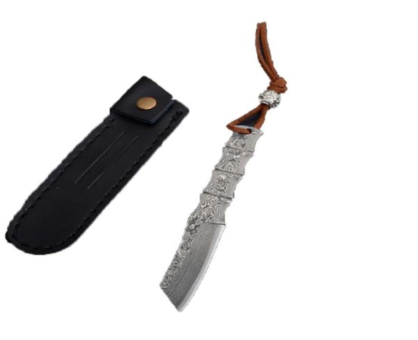 Yüksek kaliteli küçük şam sabit bıçak bıçağı VG10 Şam Çelik Tanto Point Bıçakları Tam Tang Bambu Tutuklu Deri Kılıfı 4842605