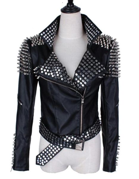 Кожаная куртка женщин панк -заклепки с кожаными кожаными кожаными кожа
