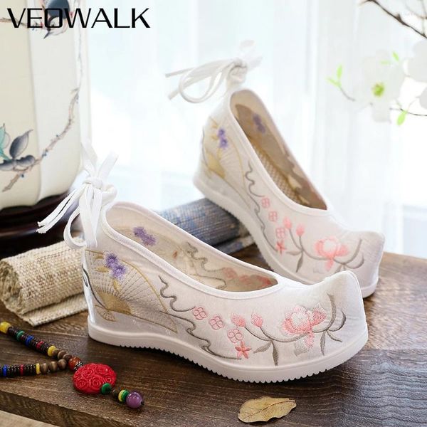 Sapatos casuais veowalk vintage estilo chinês feminino flow algodão tecido pontudo hanfu plataformas ocultas elegantes tênis bordados