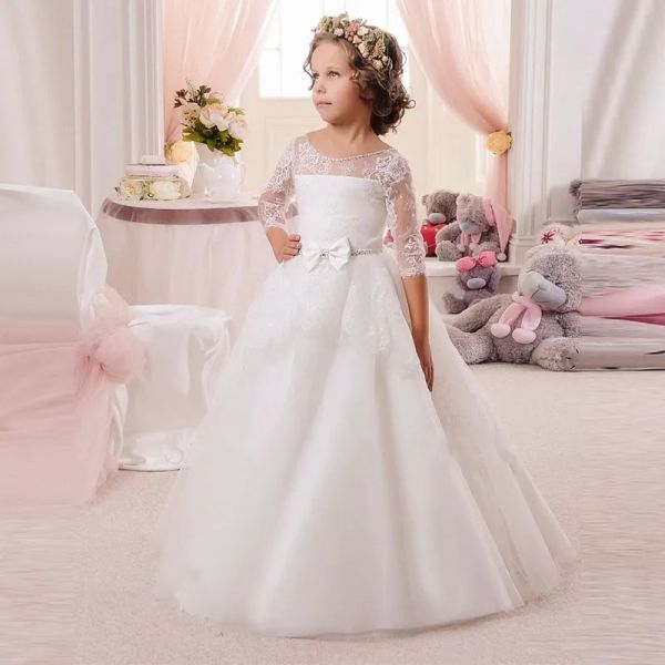 Vestiti da sposa per piccoli fiori con maniche lunghe per bambini in pizzo da ragazze in pizzo abiti da sposa con abiti bianchi per la prima comunione per