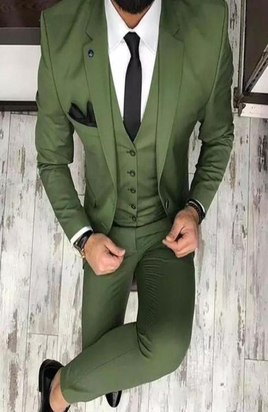 Abiti da uomo verde oliva per smoking da sposo dentellato bavani slim fit blazer pantaloni a tre pezzi pantalone uomo abbigliamento su sarto