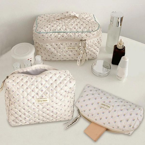 Bolsas de cosméticos Mulheres embreagem acolchoada com zíper bolsa acolchoada algodão estampado floral grande capacidade feminino