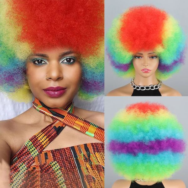 Парики радуга афро парик, красочный смешной клоун, кудрявые афро -парики для детей взрослые женщины, вьющиеся сумасшедшие афро -парик 70 -е для детей для детей взрослые мужчины