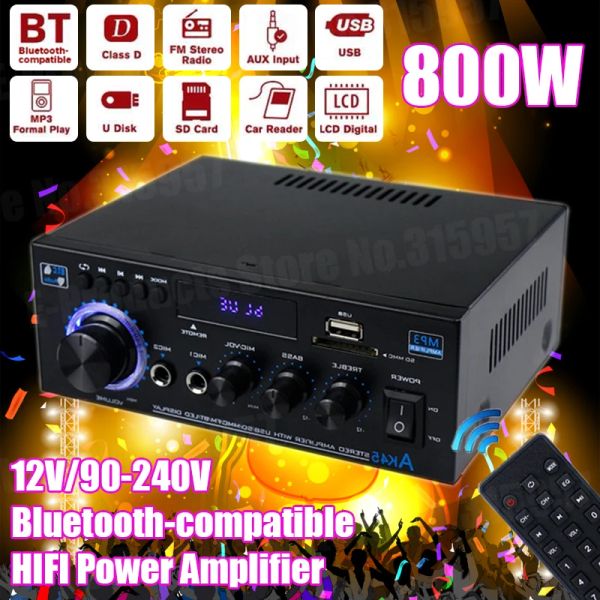 Amplificador AK35/AK45 800W amplificador de energia 2 canais Bluetooth Mini amplificadores de som HiFi para o cinema em casa Karaoke Support FM USB SD Mic amplificador