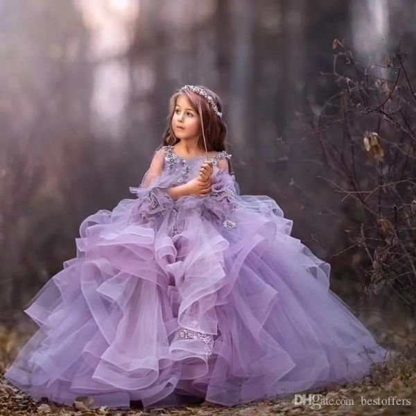 Платья 2020 Tulle Lavender Flower Girl платья бусины маленькие девочки платья с длинным рукавом принцесса Дети Свадебные платья Цветоч