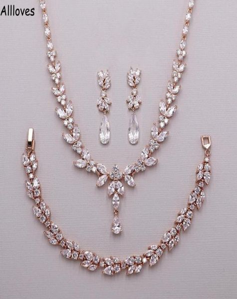 Luxo rosa de ouro rosa cúbico zircônia jóias de noiva Brincos de lágrima de prata Acessórios para jóias de casamentos Brincos pescoço 4845754