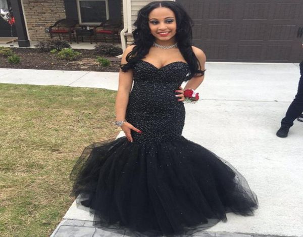 2020 Sexy Black African Mermaid Prom Kleider Schatz Perlen Tüll offenen Rücken billiger langer formal