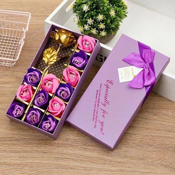 Flores decorativas Caixa de presente de flores de sabonete rosa 12 Everose Dia dos Namorados