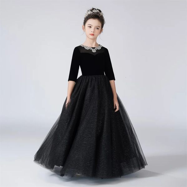 DideyttTawl Oneck Dress for Girl Shiny Tulle Flower Flower Sleeves Kids Birthday Formal Princess GOWNS 240321