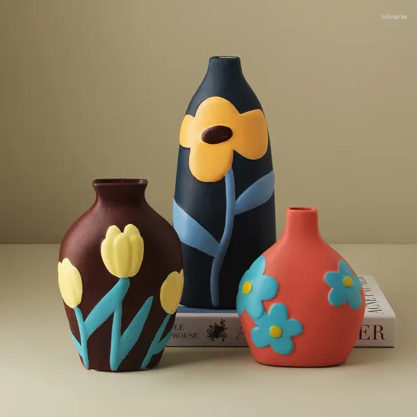 Vasos vasos de cerâmica vintage criativo pintado decoração sala de estar arranjo de flor armário de TV Acessorie de arte de ponta de ponta