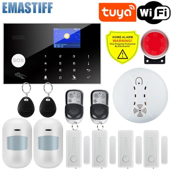 Sistema de alarme de segurança doméstica de câmeras WiFi GSM Alarm Intercom Controle remoto Autodial 433MHz Detectores iOS Android Tuya Controle de aplicativos