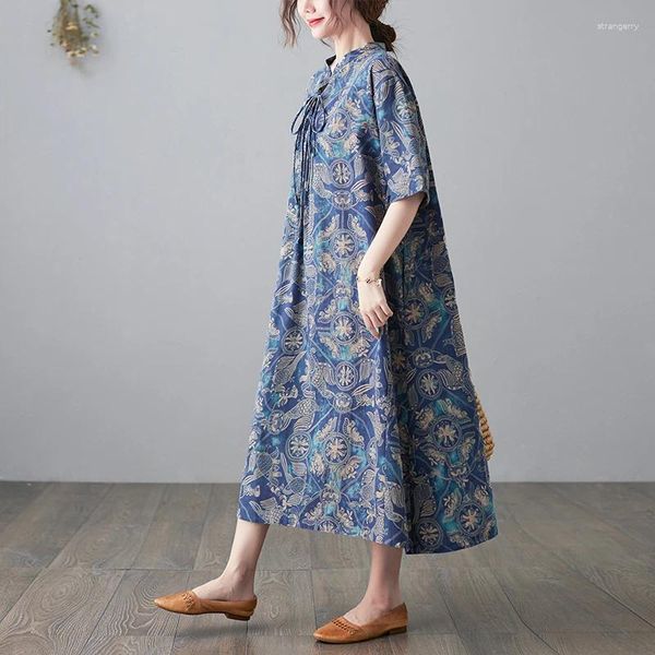 Partykleider Frauen in Übergröße langes Kleid Strandkleidung 2024 Baumwolle und Leinen Schnürhals Hals Vintage Blau Blumendruck lous Maxi -Robe