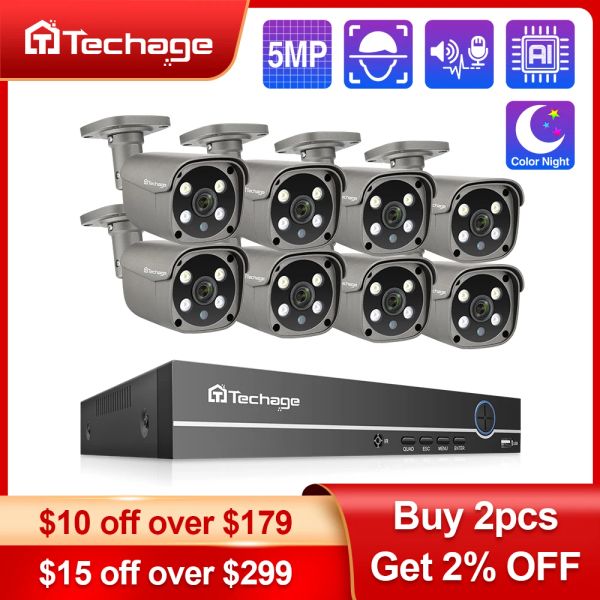 Sistema de segurança de techage sistema 8ch 5mp hd poe nvr kit cctv de duas vias ai detectar o conjunto de câmeras de vigilância de videoclipes ao ar livre