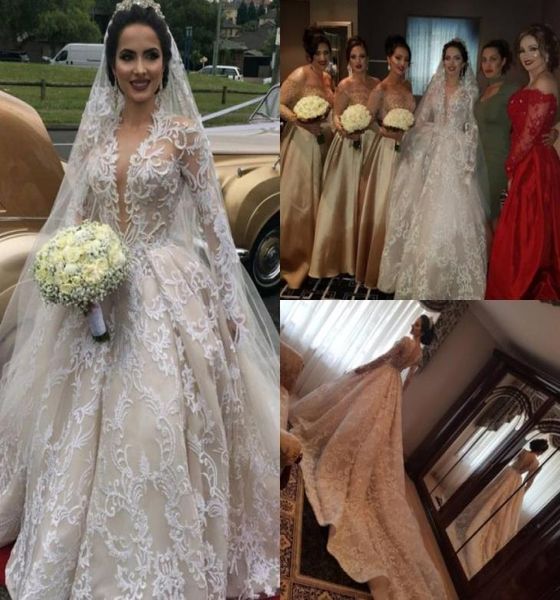 Maniche lunghe Abiti da sposa da sposa con maniche in pizzo a V profonde con veli perle applique per perle da sposa abito da sposa treno a buon mercato brida2680591