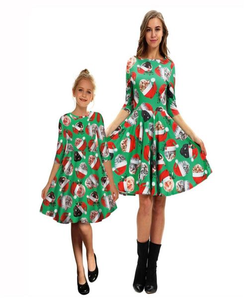 Novo gato de natal impressão mãe e filha combinando vestido de manga média europeia e americana vestido de moda feminina moda style5938638