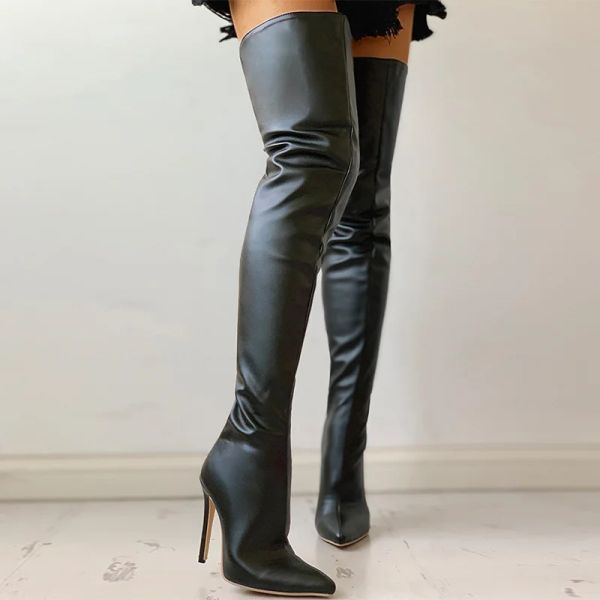 Stivali Nuovi stivali alti ginocchini neri da donna sexy tacchi alti in pelle per le in pelle di cuoio alti stivali di grandi dimensioni stivali autunnali donne scarpe bota femminina