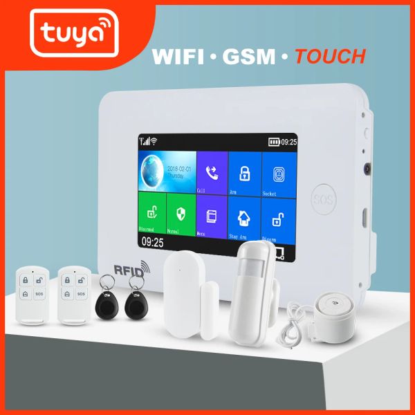 Kitler Wifi GSM Ev Güvenliği Inbreker Akıllı Alarm Sistem Kiti Tuya 4.3 inç dokunmatik ekran uygulaması afstonbediening rfid kol ontwapen