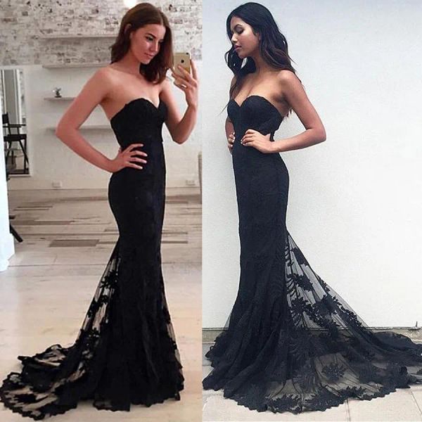 Kleider Tüll Tüll Schatz Ausschnitt Mermaid Abendkleider mit Spitzen Applikationen schwarzer Spitzen -Prom -Kleid Einfacher Vestido Para Formatura