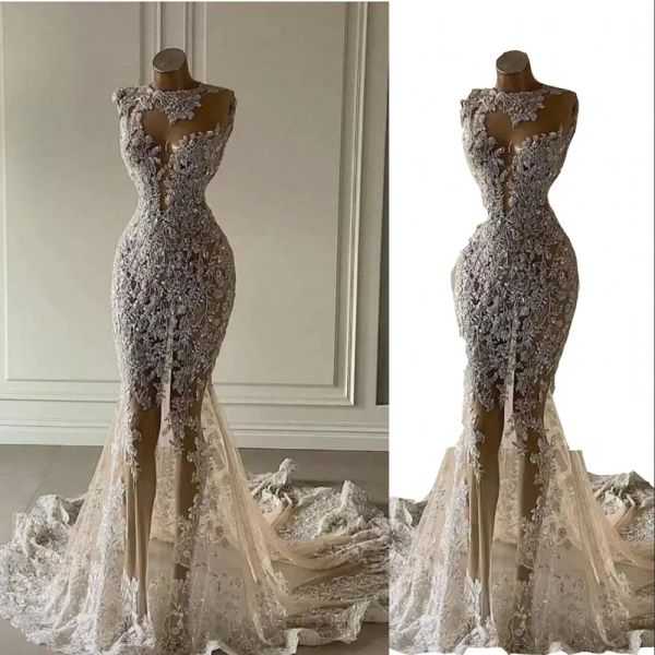Vestidos 2022 Sexy Luxo Transparente Mermaid Vestidos de noiva Champagne Jewel Discurt Ilusão Sheer Lace Apliques Crystal Beading Court Trai