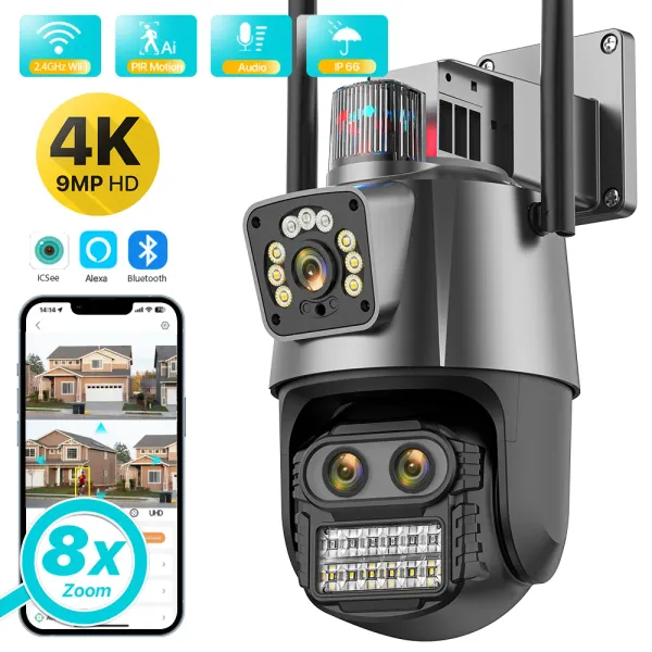 Kameras im Freien PTZ -Kamera 9MP 4K HD 8x Hybrid Zoom drei Linsen Dual Screen WiFi IP -Kamera 4MP Polizei Licht Alarm CCTV Überwachung ICSEE ICSEE