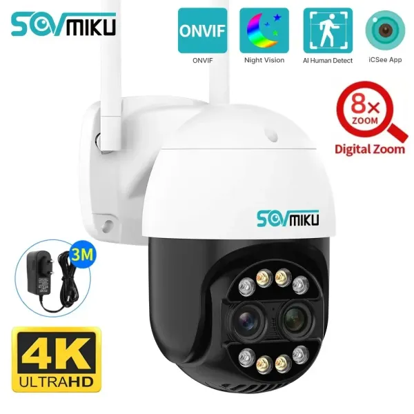 CAMERAS 8MP 4K Smart PTZ IP fotocamera IP WiFi Surveillance Camera doppia lente 2,8+12 mm 8xdigital Zoom Rilevamento umano Sicurezza Protezione per la sicurezza della telecamera